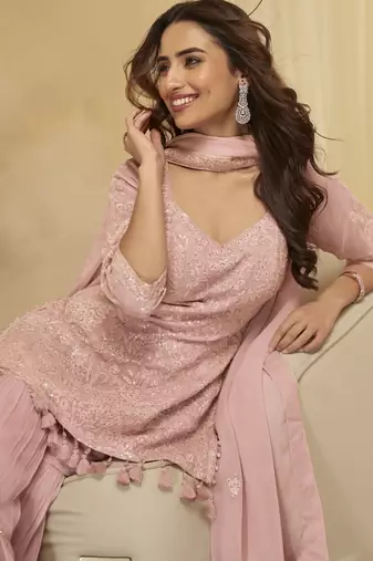Pink georgette free size stitched suit with chikankari embroidery work