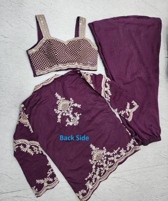 Purple chinon free size stitched 3 piece suit with dori embroidery work 3