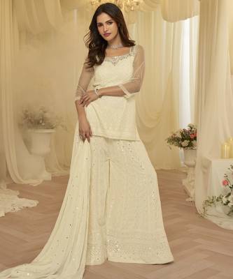 Off white georgette free size stitched suit with chikankari embroidery work 3