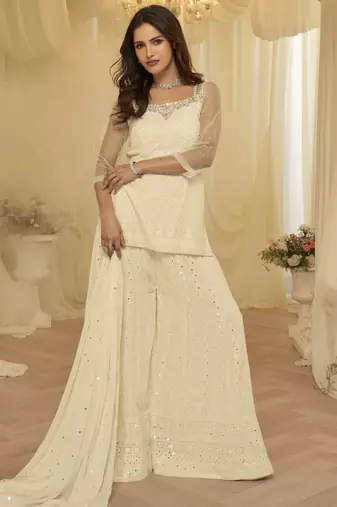 Off white georgette free size stitched suit with chikankari embroidery work