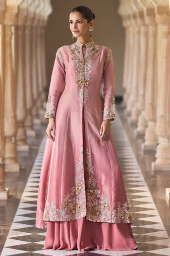 Pink silk readymade shrug suit with beads & embroidery work