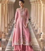 Pink silk readymade shrug suit with beads & embroidery work