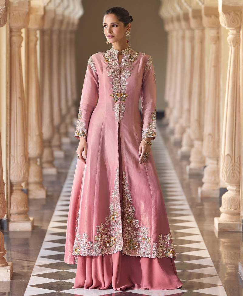 Pink silk readymade shrug suit with beads & embroidery work