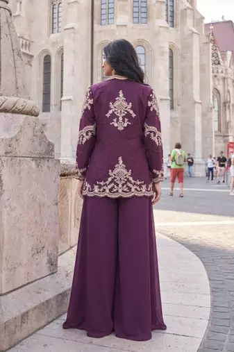Purple chinon free size stitched 3 piece suit with dori embroidery work