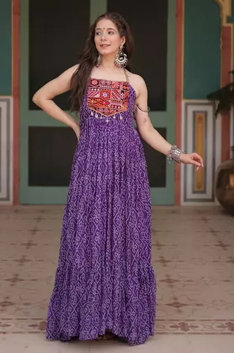 Purple georgette navratri free size stitched anarkali suit with bandhani printed work
