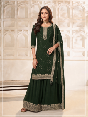 D green dola silk semi stitched suit with embroidery & sequin  work 1