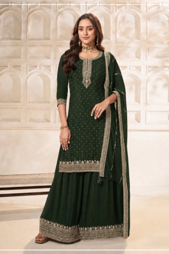 D Green Dola Silk Semi Stitched Suit with Embroidery & Sequence Work