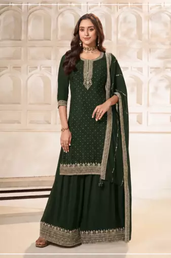 D green dola silk semi stitched suit with embroidery & sequin  work