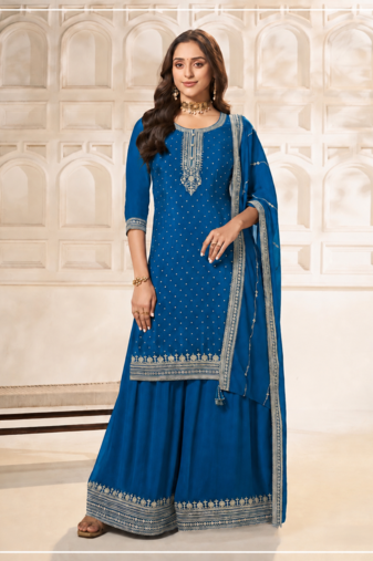 Blue dola silk semi stitched suit with embroidery & sequin  work