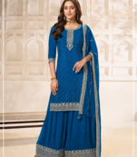 Blue dola silk semi stitched suit with embroidery & sequin  work
