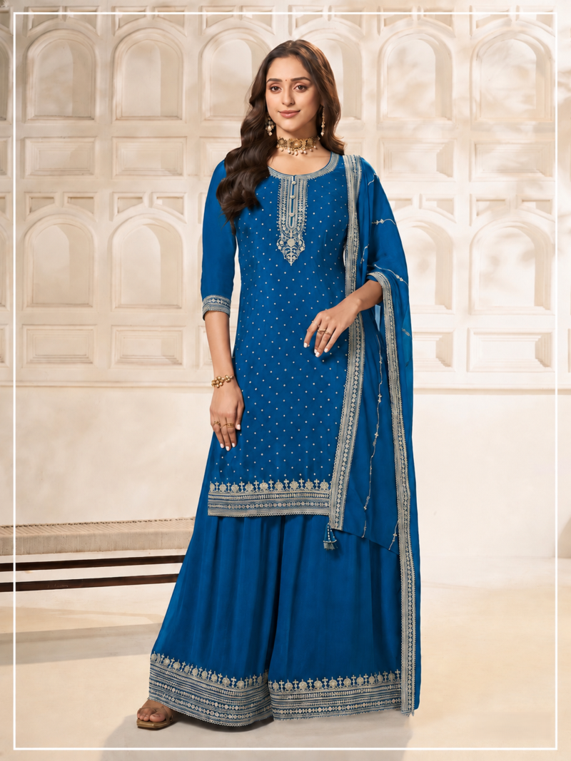 Blue dola silk semi stitched suit with embroidery & sequin  work