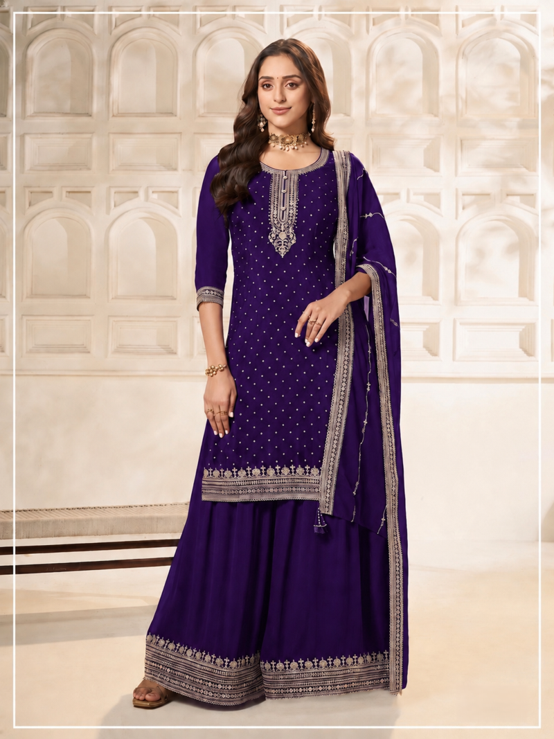 Violet dola silk semi stitched suit with embroidery & sequin  work