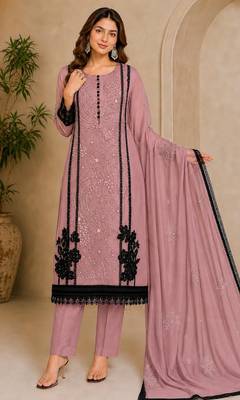 Purple organza semi stitched suit with embroidery & cut sequin  work 1