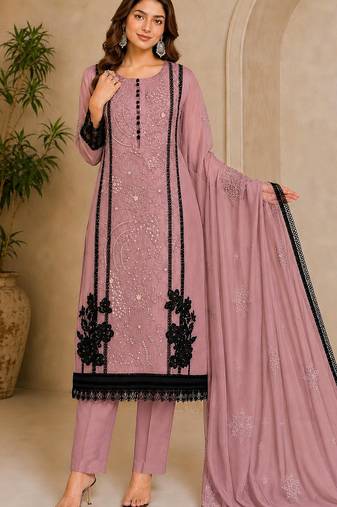 Purple organza semi stitched suit with embroidery & cut sequin  work