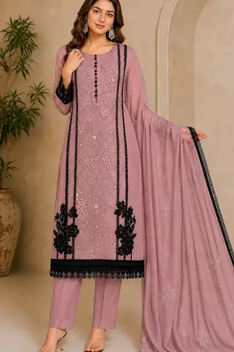 Purple organza semi stitched suit with embroidery & cut sequin  work
