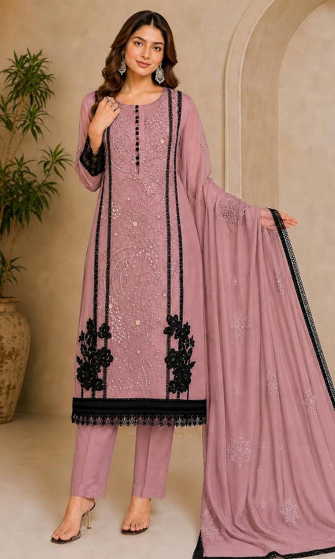 Purple organza semi stitched suit with embroidery & cut sequin  work