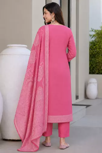 Crtx pink jaquard pure cotton kurti with dupatta and pant