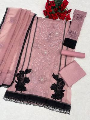 Purple organza semi stitched suit with embroidery & cut sequin  work 2