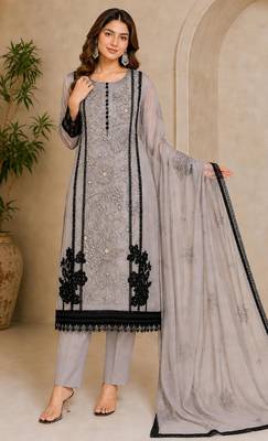 Grey organza semi stitched suit with embroidery & cut sequin  work 1