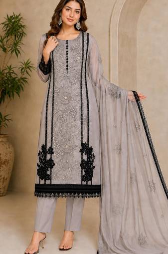 Grey organza semi stitched suit with embroidery & cut sequin  work