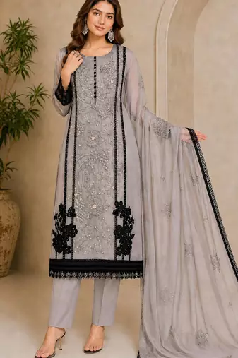Grey organza semi stitched suit with embroidery & cut sequin  work
