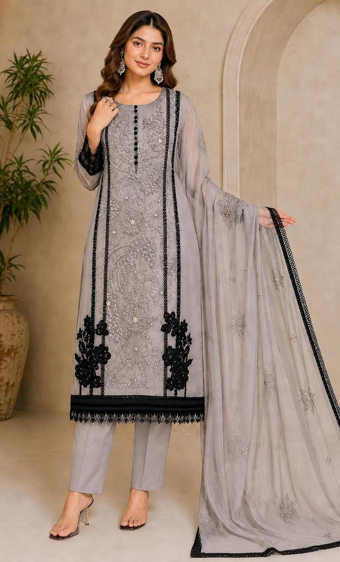 Grey organza semi stitched suit with embroidery & cut sequin  work