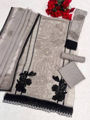 Grey organza semi stitched suit with embroidery & cut sequin  work 2