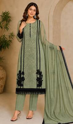 Mehendi organza semi stitched suit with embroidery & cut sequin  work 1