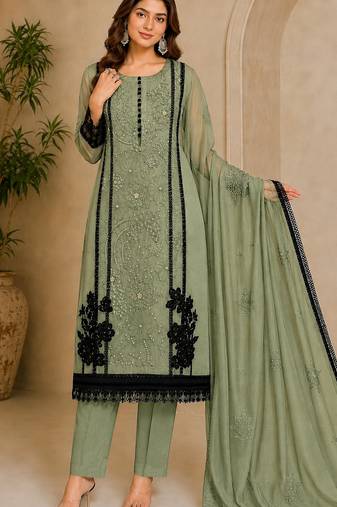Mehendi organza semi stitched suit with embroidery & cut sequin  work