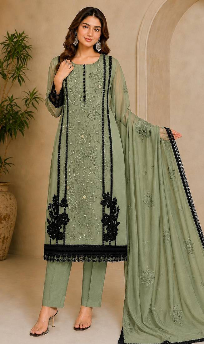 Mehendi organza semi stitched suit with embroidery & cut sequin  work