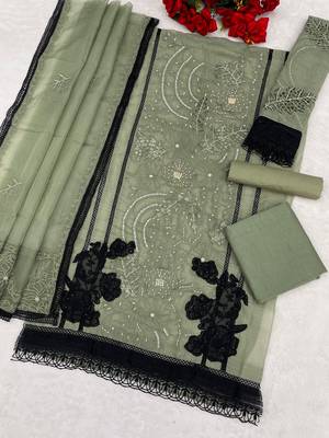 Mehendi organza semi stitched suit with embroidery & cut sequin  work 2