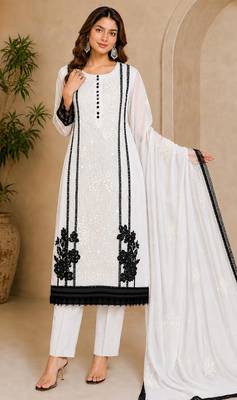 White organza semi stitched suit with embroidery & cut sequin  work 1