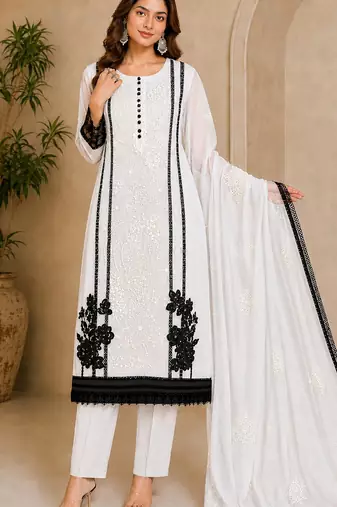 White organza semi stitched suit with embroidery & cut sequin  work
