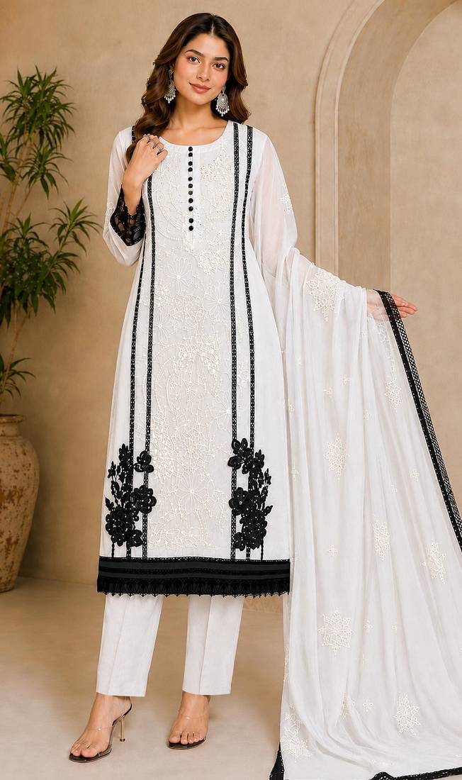 White organza semi stitched suit with embroidery & cut sequin  work