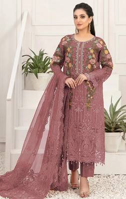 Purple silk semi stitched suit with embroidery & sequin  work 1