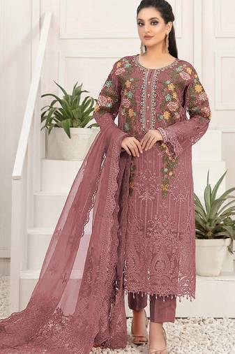 Purple silk semi stitched suit with embroidery & sequin  work