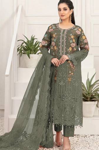 Mehendi silk semi stitched suit with embroidery & sequin  work