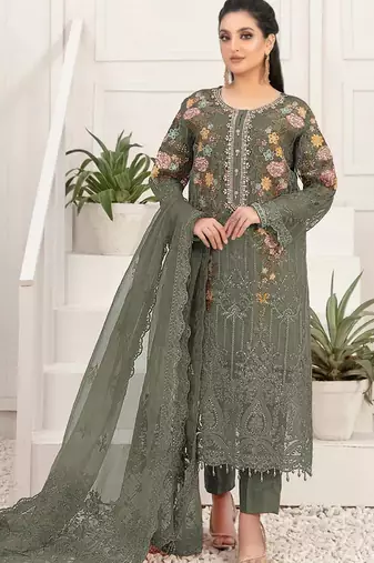 Mehendi silk semi stitched suit with embroidery & sequin  work