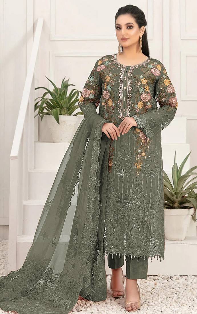 Mehendi silk semi stitched suit with embroidery & sequin  work