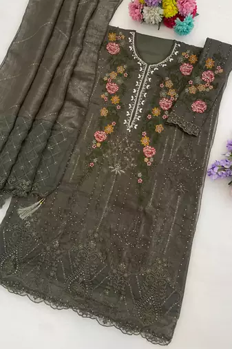 Mehendi silk semi stitched suit with embroidery & sequin  work