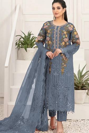 Blue silk semi stitched suit with embroidery & sequin  work