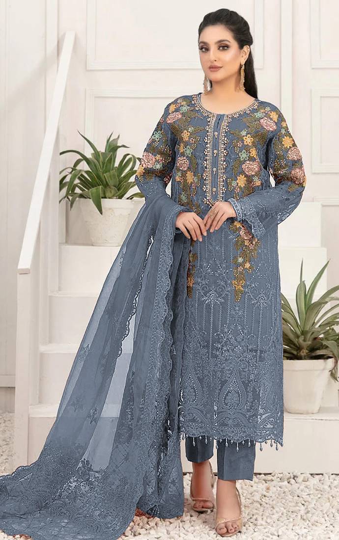 Blue silk semi stitched suit with embroidery & sequin  work