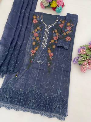 Blue silk semi stitched suit with embroidery & sequin  work 2