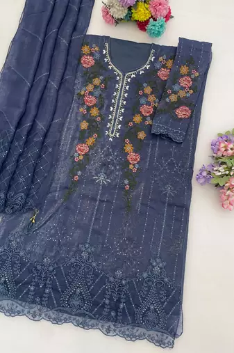 Blue silk semi stitched suit with embroidery & sequin  work