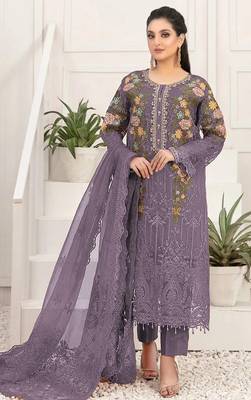 D lavender silk semi stitched suit with embroidery & sequin  work 1