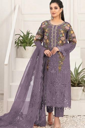 D lavender silk semi stitched suit with embroidery & sequin  work