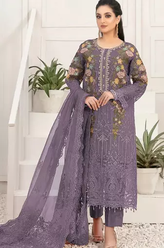 D lavender silk semi stitched suit with embroidery & sequin  work