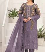 D lavender silk semi stitched suit with embroidery & sequin  work