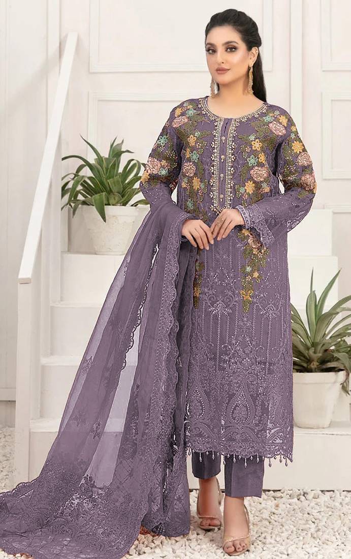 D lavender silk semi stitched suit with embroidery & sequin  work
