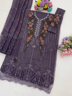 D lavender silk semi stitched suit with embroidery & sequin  work 2